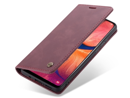 CaseMe Slim Synthetic Leather Wallet Case with Stand for Samsung Galaxy A20 - Burgundy Leather Wallet Case