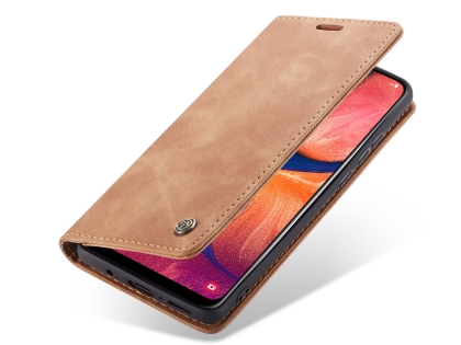 CaseMe Slim Synthetic Leather Wallet Case with Stand for Samsung Galaxy A20 - Tan Leather Wallet Case