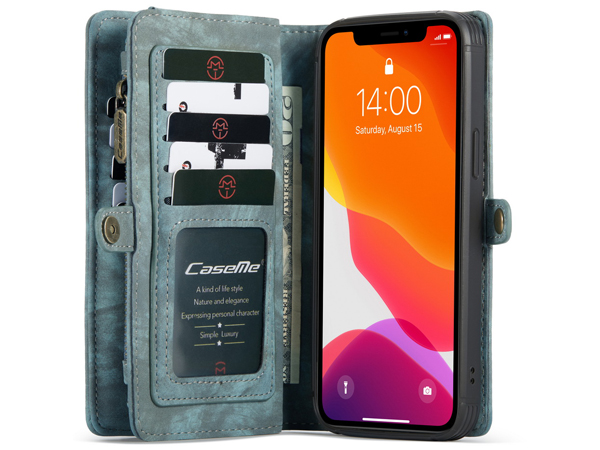 CaseMe 2-in-1 Synthetic Leather Wallet Case for iPhone 12 Mini - Teal/Ash