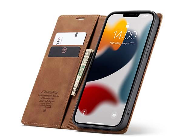 CaseMe Slim Synthetic Leather Wallet Case with Stand for iPhone 13 Pro - Tan