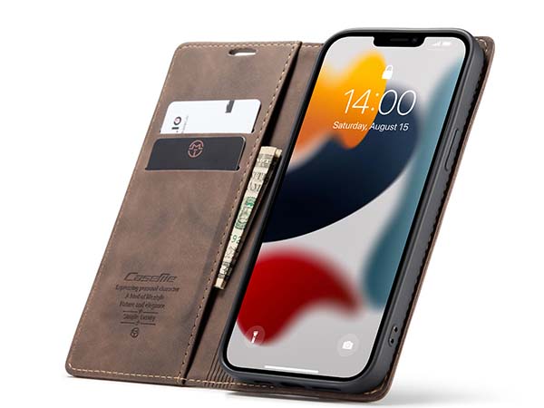 CaseMe Slim Synthetic Leather Wallet Case with Stand for iPhone 13 Pro Max - Chocolate
