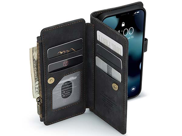 CaseMe Synthetic Leather Wallet Case with Zipper Pocket for iPhone 13 - Charcoal