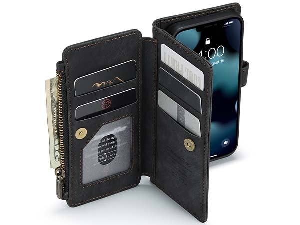 CaseMe Synthetic Leather Wallet Case with Zipper Pocket for iPhone 13 Mini - Charcoal