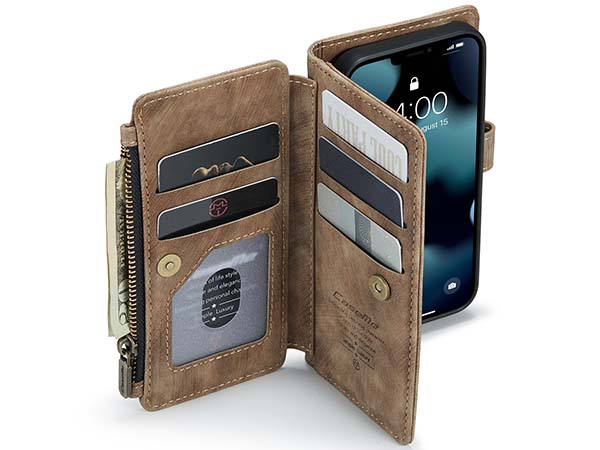CaseMe Synthetic Leather Wallet Case with Zipper Pocket for iPhone 13 Mini - Desert Taupe