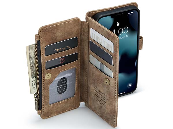 CaseMe Synthetic Leather Wallet Case with Zipper Pocket for iPhone 13 Pro - Desert Taupe