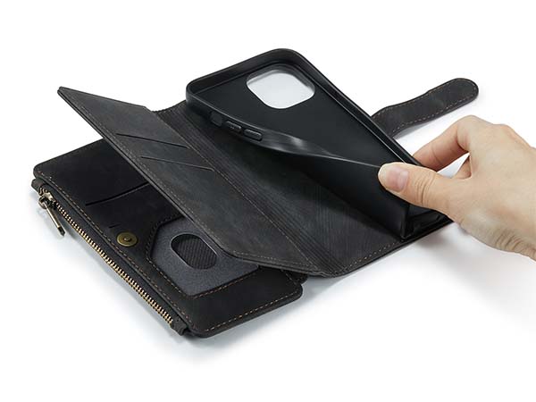 CaseMe Synthetic Leather Wallet Case with Zipper Pocket for iPhone 14 Pro - Charcoal