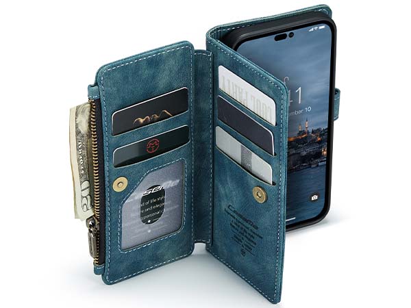 CaseMe Synthetic Leather Wallet Case with Zipper Pocket for iPhone 14 Pro - Teal
