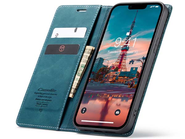 CaseMe Slim Synthetic Leather Wallet Case with Stand for iPhone 14 Plus - Teal