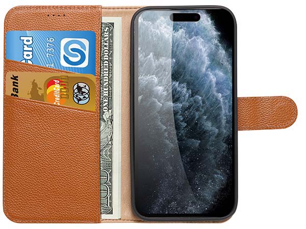 Premium Leather Wallet Case for Apple iPhone 14 Pro - Caramel