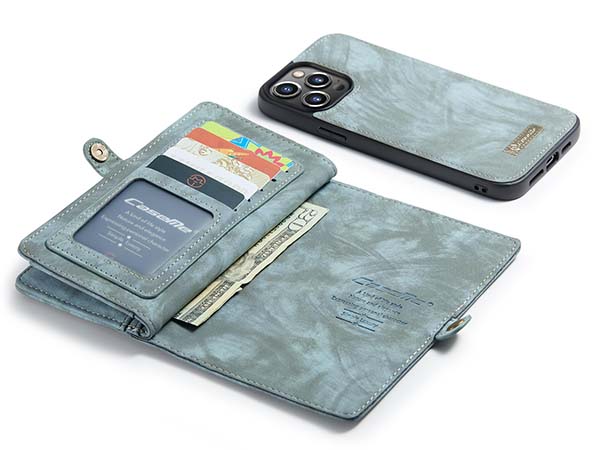 CaseMe 2-in-1 Synthetic Leather Wallet Case for iPhone 13 Pro - Teal/Ash