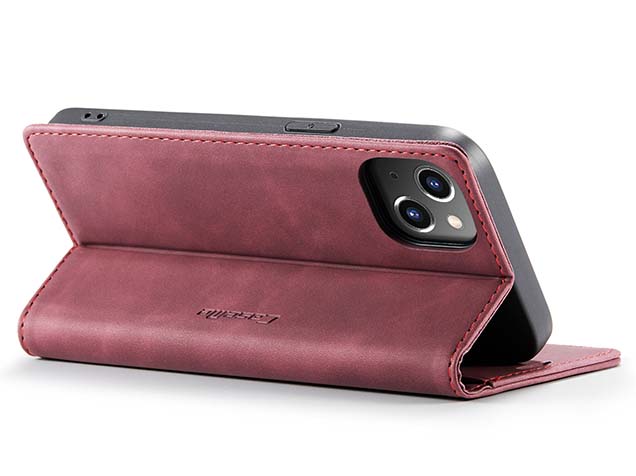 CaseMe Slim Synthetic Leather Wallet Case with Stand for iPhone 15 - Burgundy