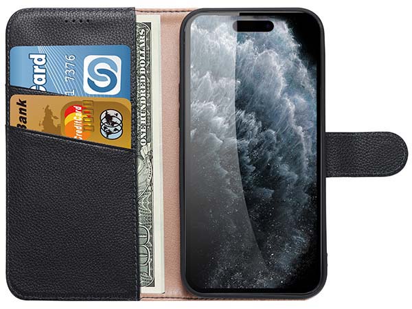 Premium Leather Wallet Case for Apple iPhone 15 Pro Max - Black