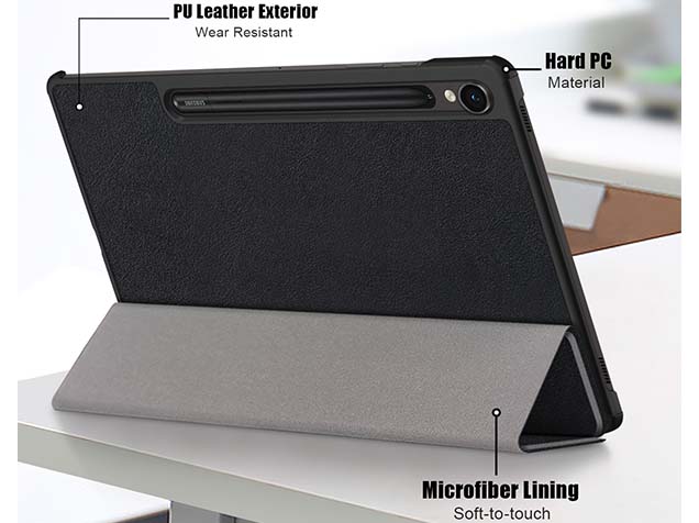 Slim Synthetic Leather Flip Case with Stand for Samsung Galaxy Tab S9 FE - Black Leather Flip Case
