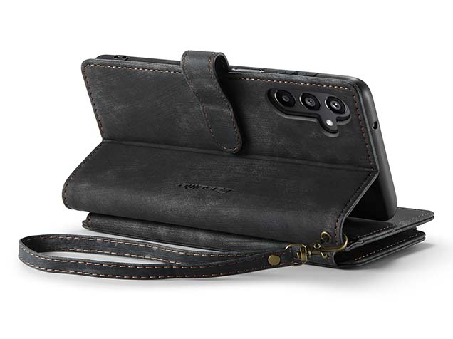 CaseMe Synthetic Leather Wallet Case with Zipper Pocket for Samsung Galaxy A15 - Charcoal Leather Wallet Case