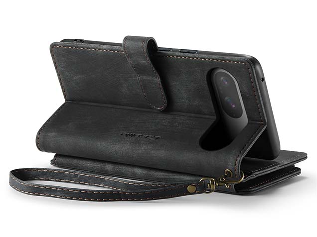 CaseMe Synthetic Leather Wallet Case with Zipper Pocket for Google Pixel 9 - Charcoal Leather Wallet Case