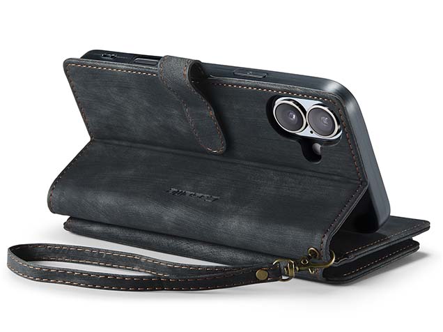 CaseMe Synthetic Leather Wallet Case with Zipper Pocket for iPhone 16 - Charcoal Leather Wallet Case