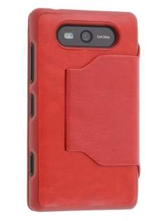 Fabric Flip Cover with built-in Stand for Nokia Lumia 820 - Red Leather Wallet Case