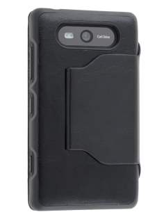 Fabric Flip Cover with built-in Stand for Nokia Lumia 820 - Classic Black Leather Wallet Case