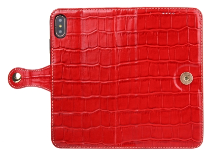 Crocodile Patterned Top-Grain Leather Wallet Case for iPhone Xs Max - Red