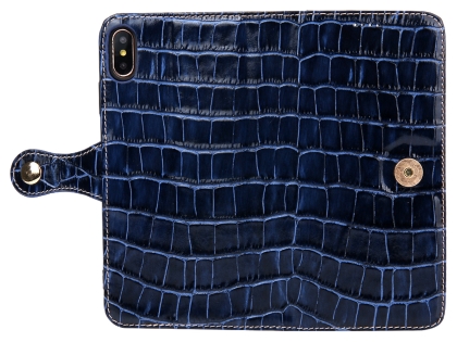 Crocodile Patterned Top-Grain Leather Wallet Case for iPhone Xs Max - Blue