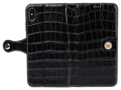 Crocodile Patterned Top-Grain Leather Wallet Case for iPhone Xs Max - Black
